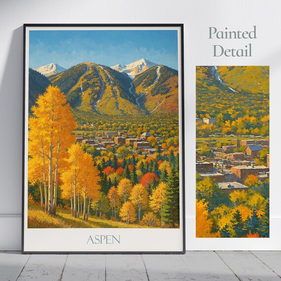 Aspen Colorado Fall Golden Aspens Town Snow Peaks Travel Poster