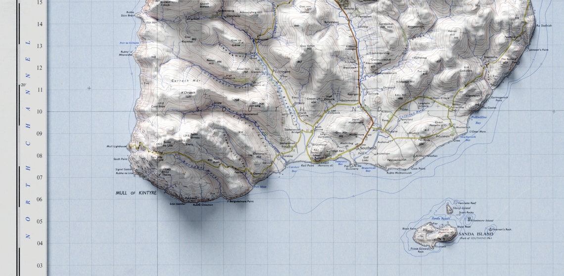 Kintyre Scotland Ordnance Survey Sheet 65 3D Relief Map Poster - Image 3