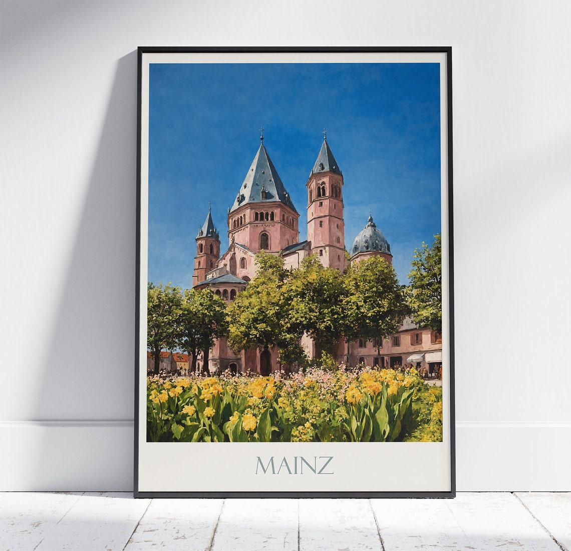 Mainz Germany Cathedral Daffodils Spring Painted Travel Poster