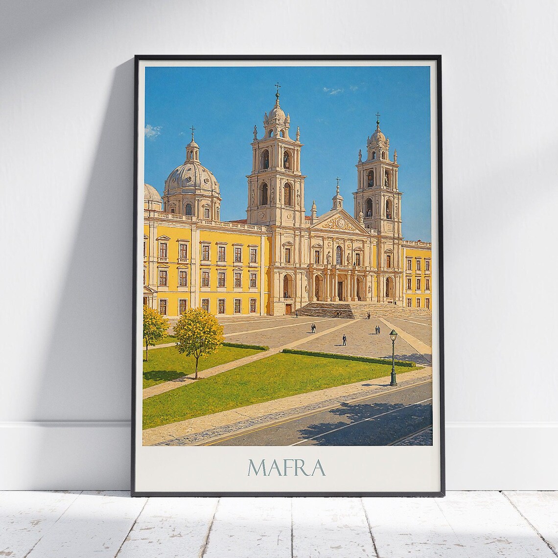 Mafra Portugal National Palace Grand Plaza Lawn Vintage Travel Poster