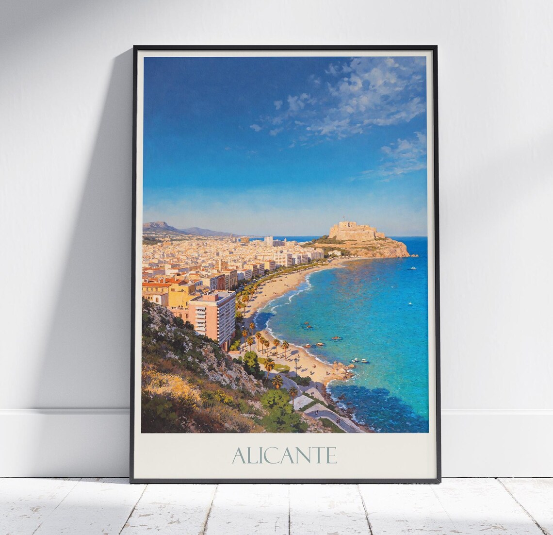 Alicante Spain Coastal City Beach And Castle Vintage Travel Poster