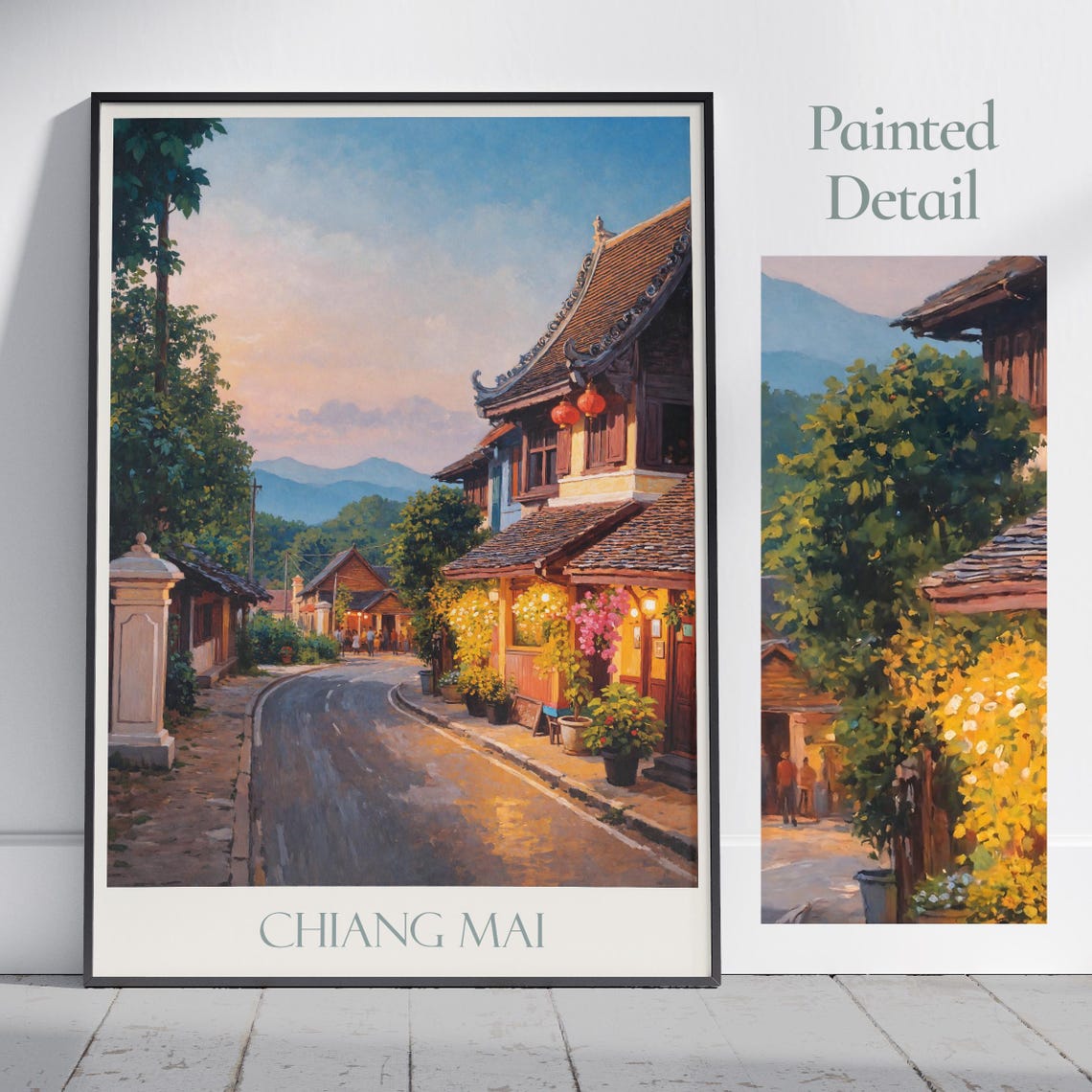 Chiang Mai Thailand Old Street Lanterns Evening Painted Travel Poster