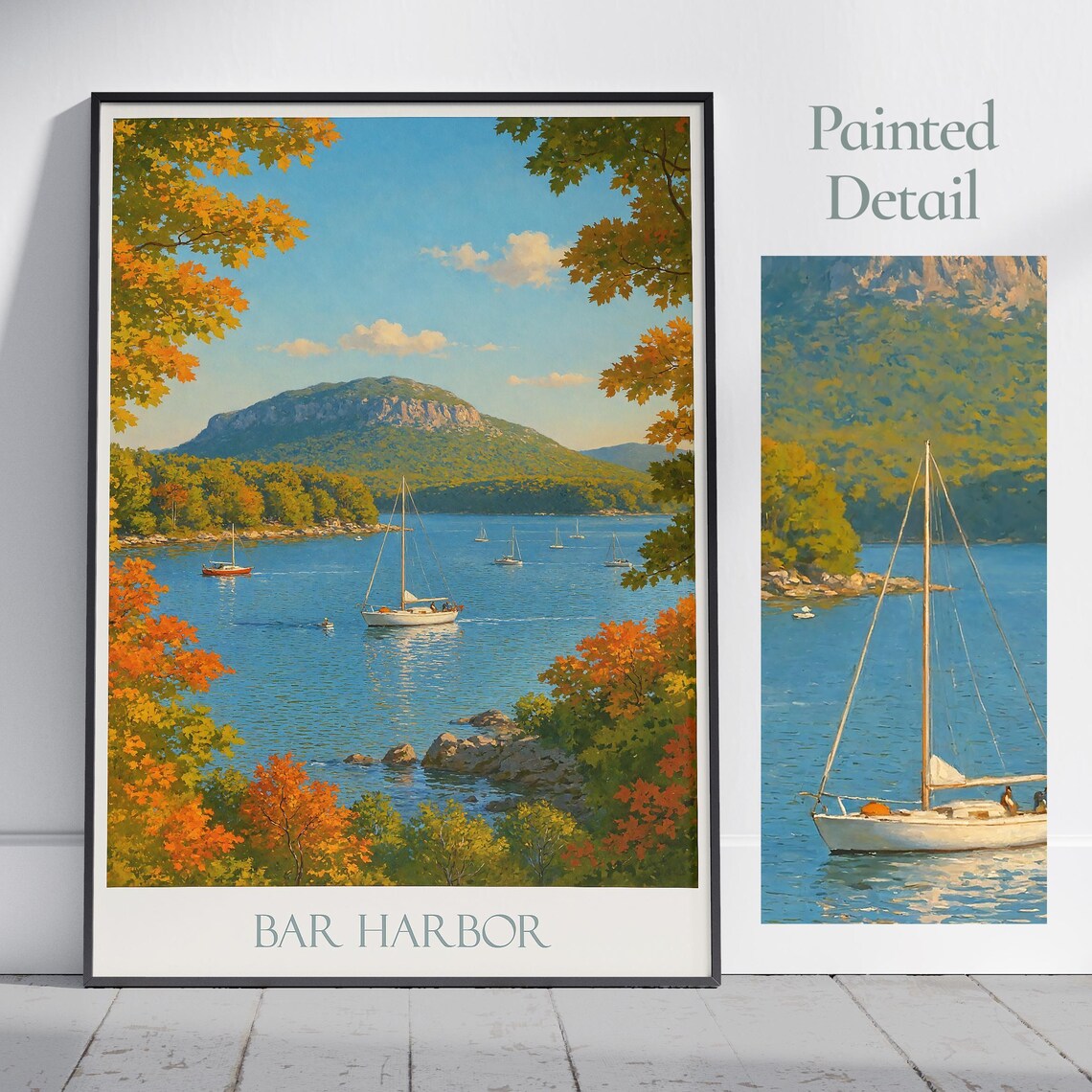 Bar Harbor Maine Autumn Sailboats Coastal Painted Travel Poster