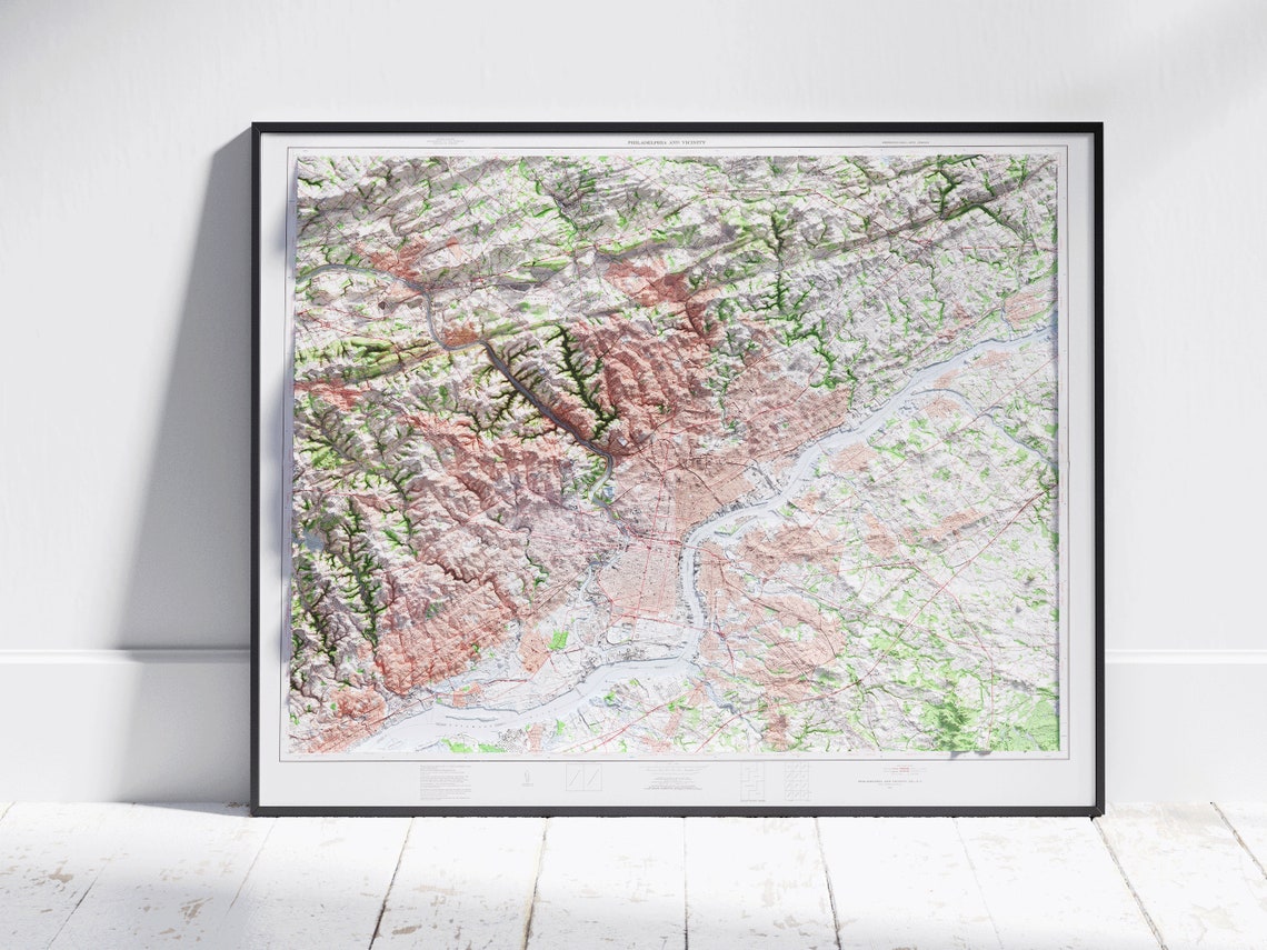 Philadelphia City Vintage Shaded Relief Topographic Map Poster