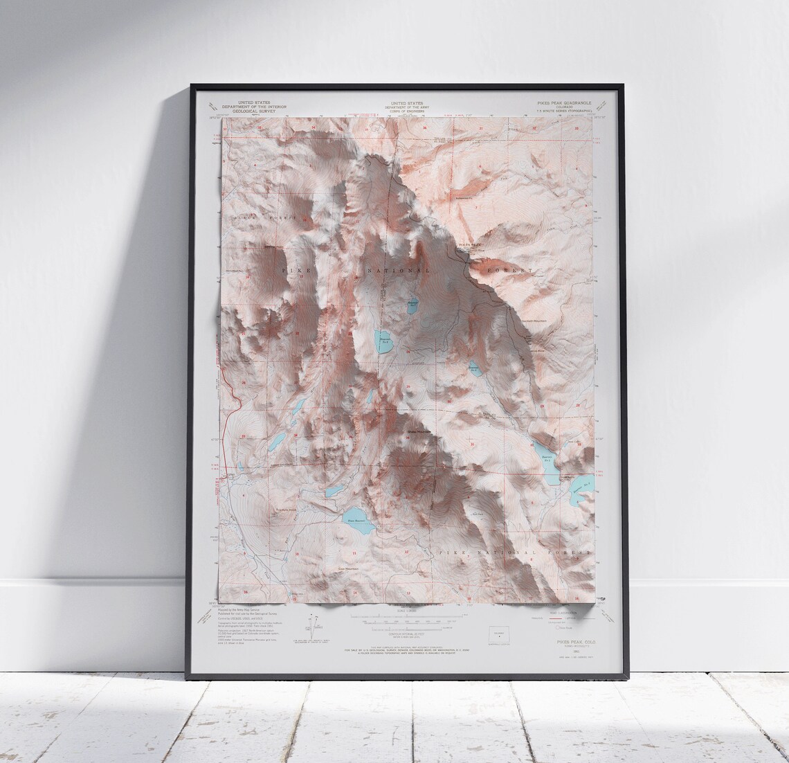 Pikes Peak Colorado USGS Shaded Relief Topographic Quadrangle Map Poster