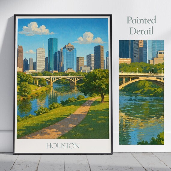 Houston Travel Poster Buffalo Bayou Park Texas Painted Wall Art Print Home Decor Framed Personalized Vacation Gift