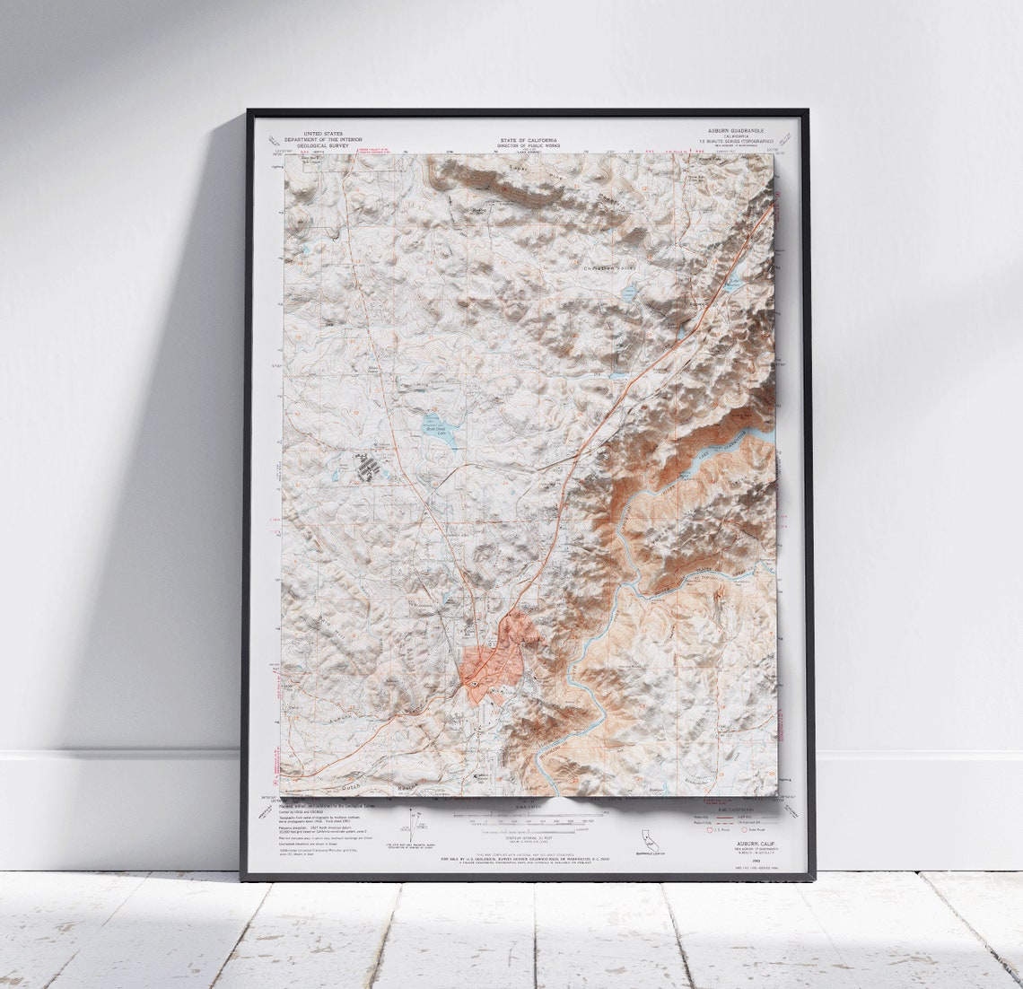 Auburn California Vintage USGS Shaded Relief Topographic Map Poster