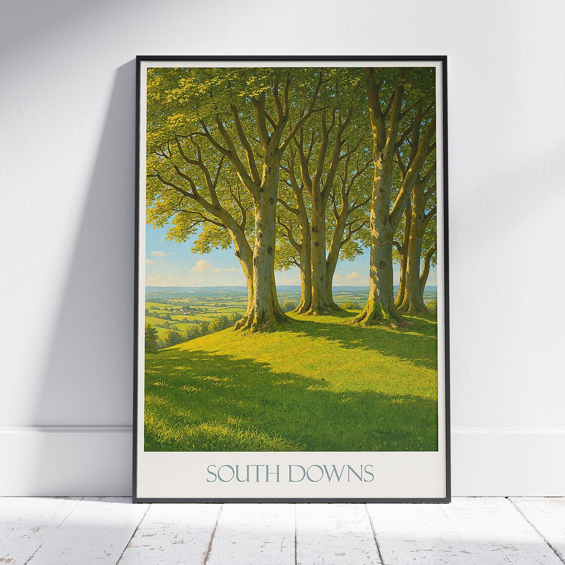 South Downs England Beech Trees Hilltop Vintage Travel Poster