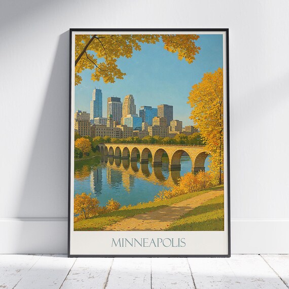Minneapolis Stone Arch Bridge Autumn Skyline Minnesota Poster