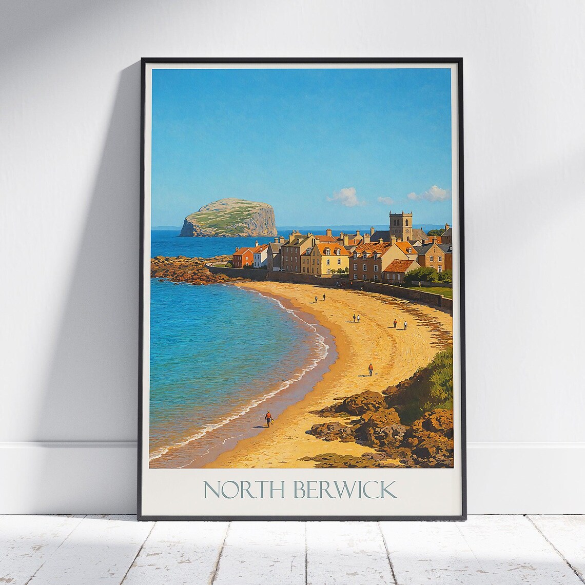 North Berwick Scotland Travel Poster Coastal Town Beach And Bass Rock