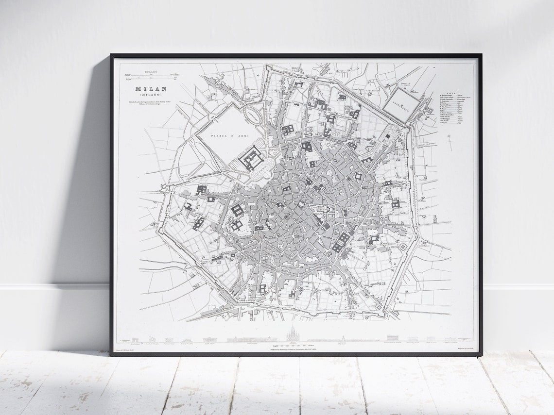 Milan Milano Vintage Engraved Antique City Plan Italy Map Poster