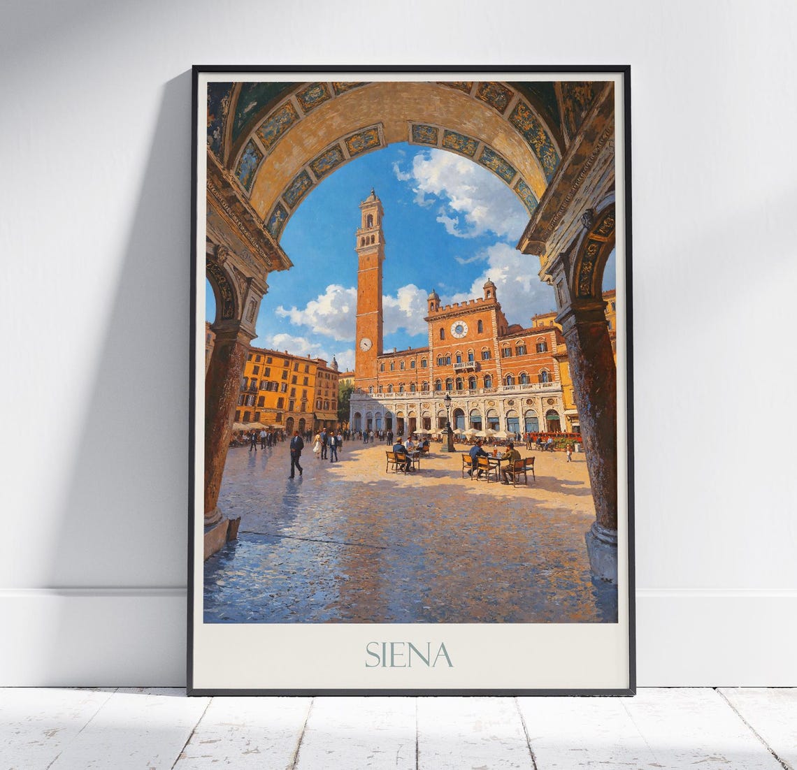 Siena Italy Piazza Del Campo Tower Historic Painted Travel Poster