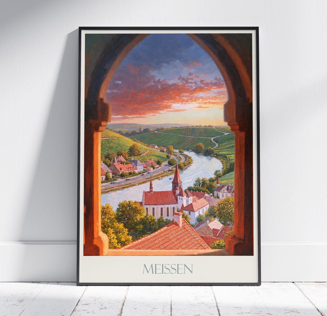 Meissen Germany River Town Church Archway Sunset View Travel Poster