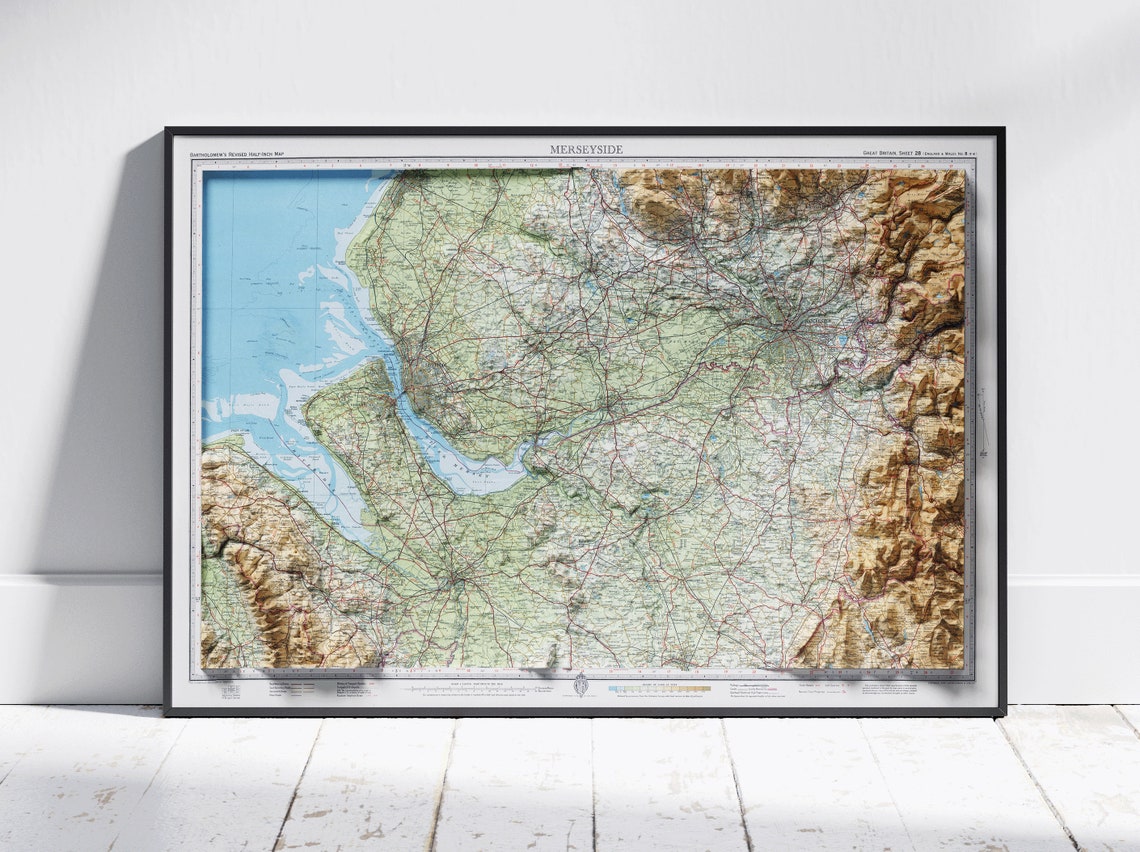 Merseyside England Shaded Relief Atlas Style Vintage Map Poster