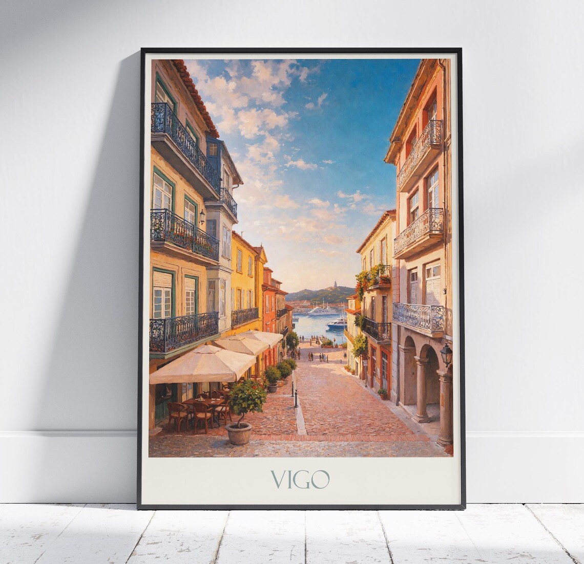Vigo Spain Old Town Harbor Street Golden Painted Travel Poster