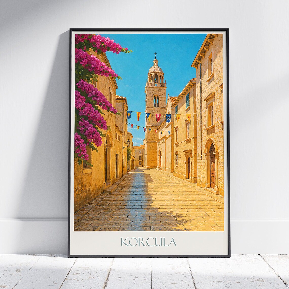 Korcula Croatia Historic Street Bell Tower Bougainvillea Travel Poster