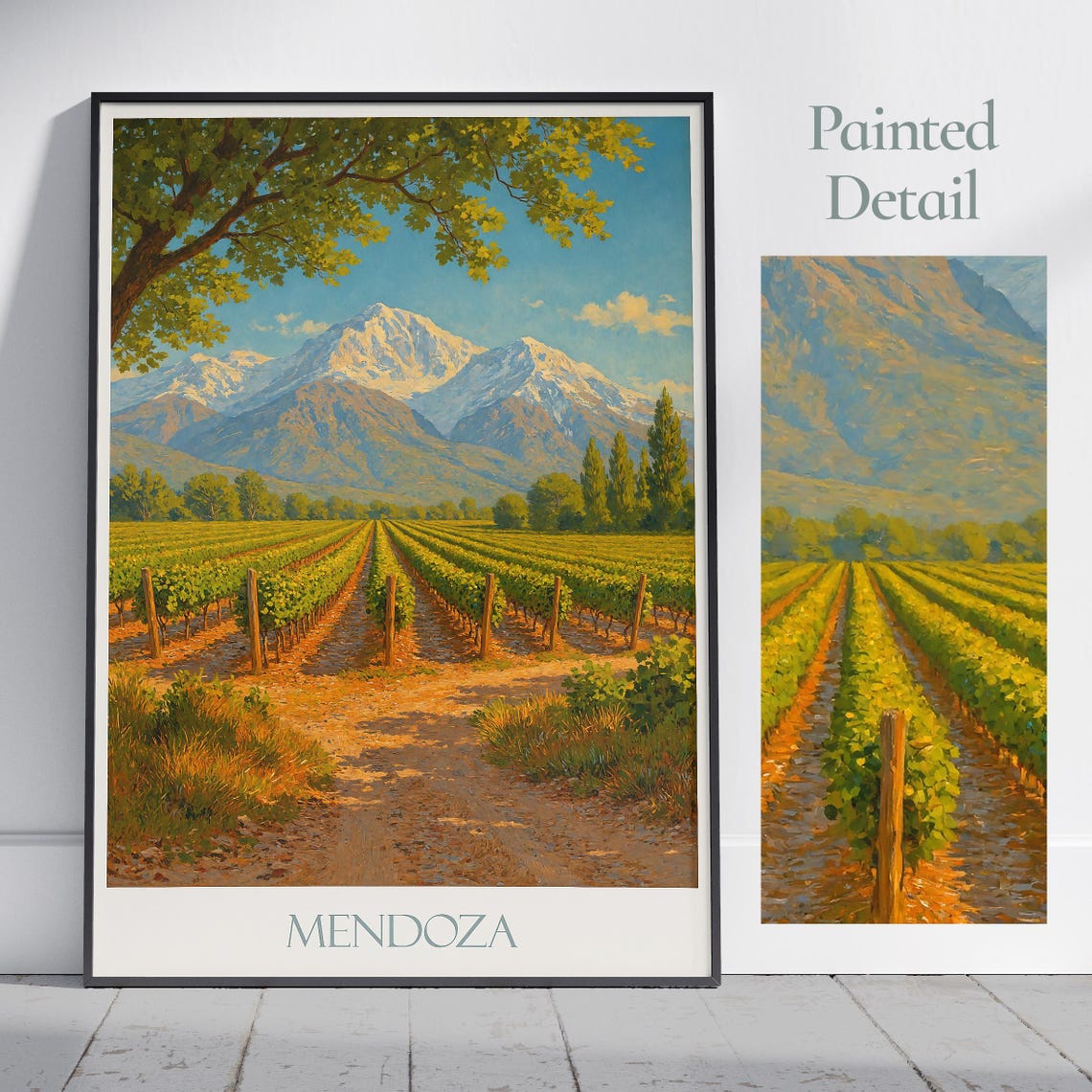 Mendoza Wine Country Vineyard Rows Andes Mountains Travel Poster