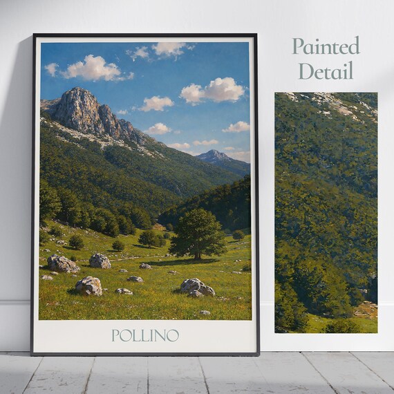 Pollino Italy Mountain Valley Poster with Meadow and Rocky Peaks Art