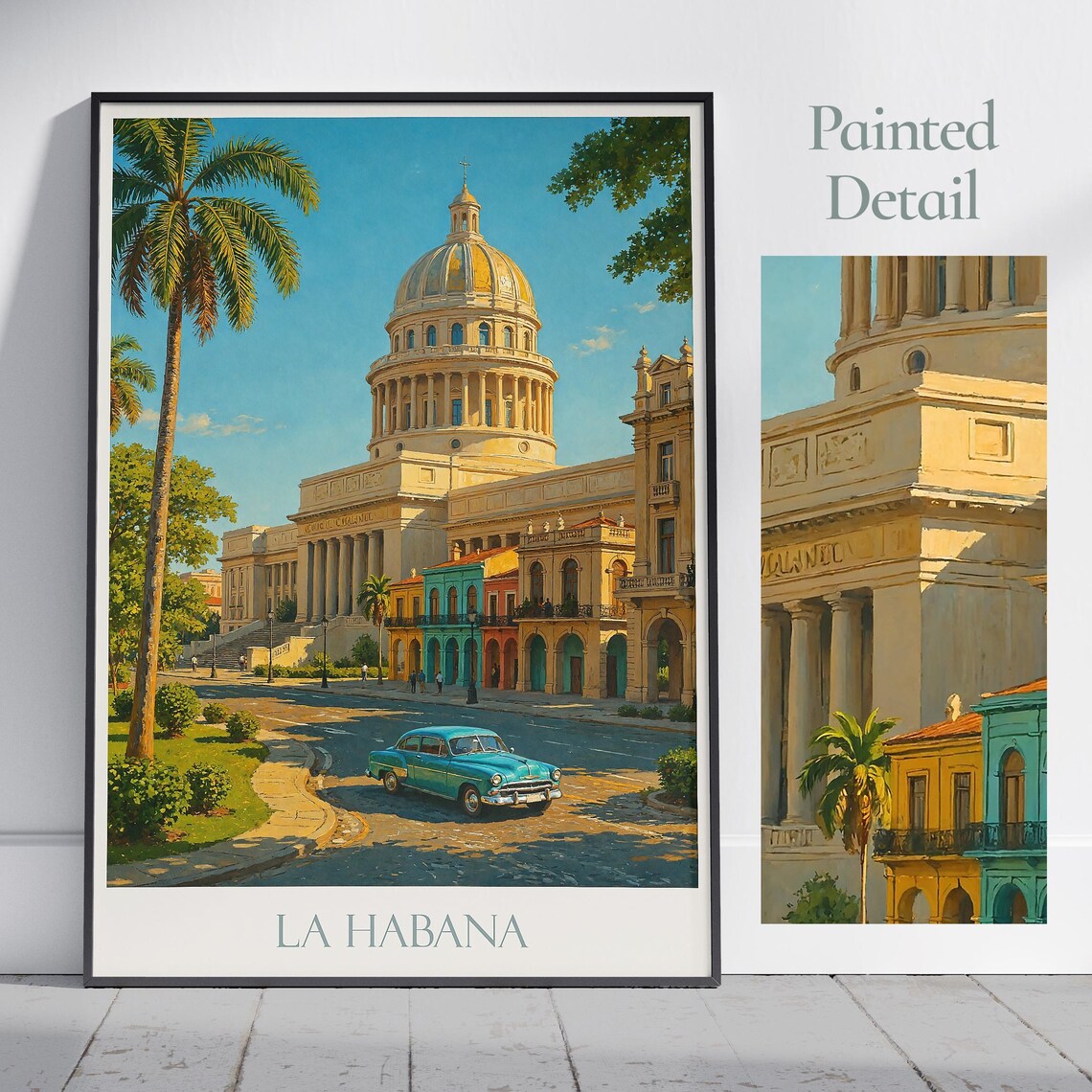 La Habana Capitol Building Classic Car Golden Street Travel Poster