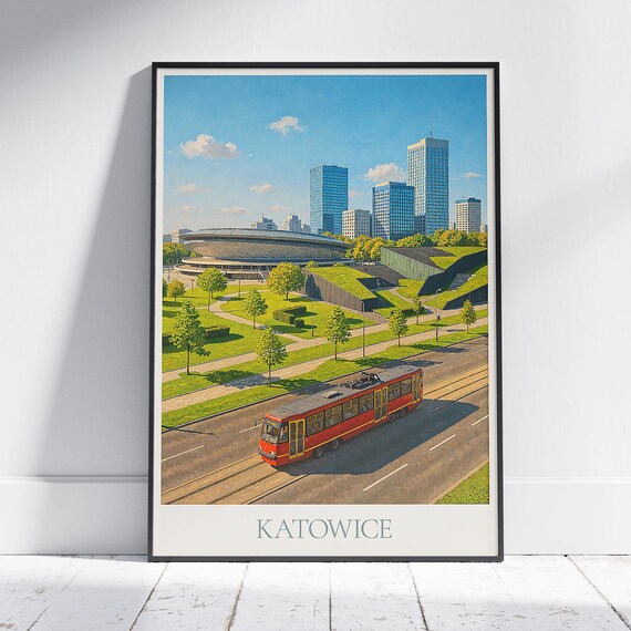 Katowice Poland Spodek Arena Red Tram Vintage City Travel Poster