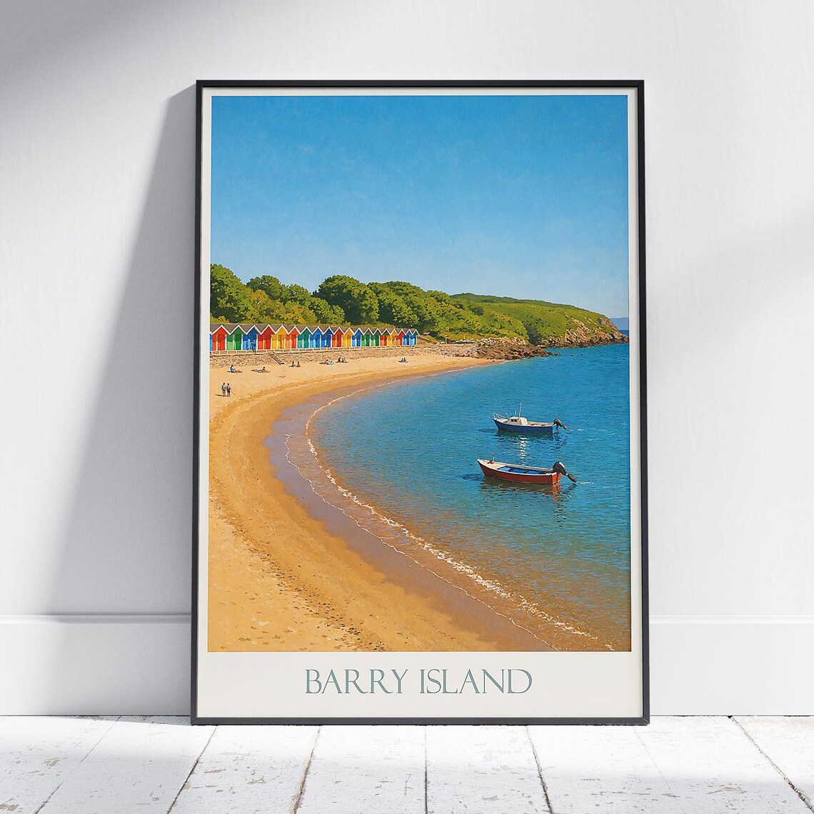 Barry Island Colorful Beach Huts Sandy Bay Boats Travel Poster Wales