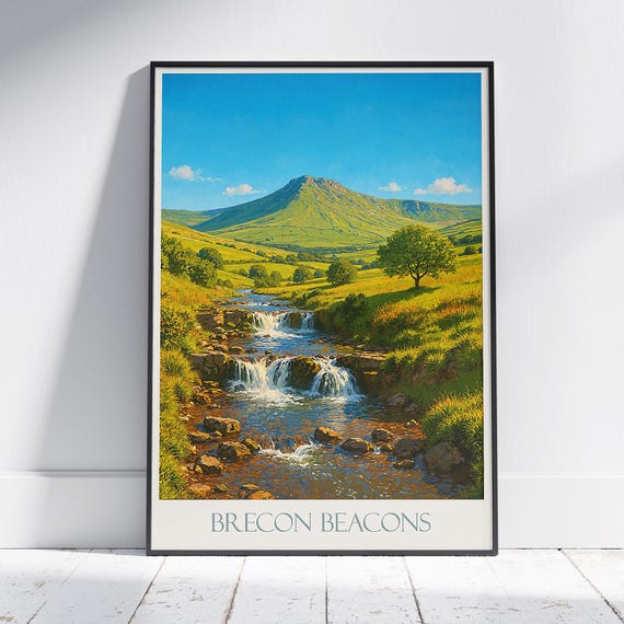 Brecon Beacons Travel Poster Waterfalls Landscape Wales Art Print Uk Nature Decor Hiking Gift