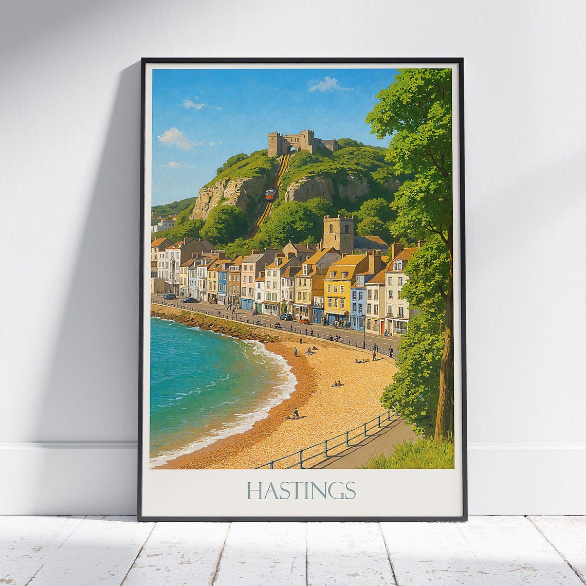 Hastings Travel Poster of Beach Seafront and Castle on the Cliff