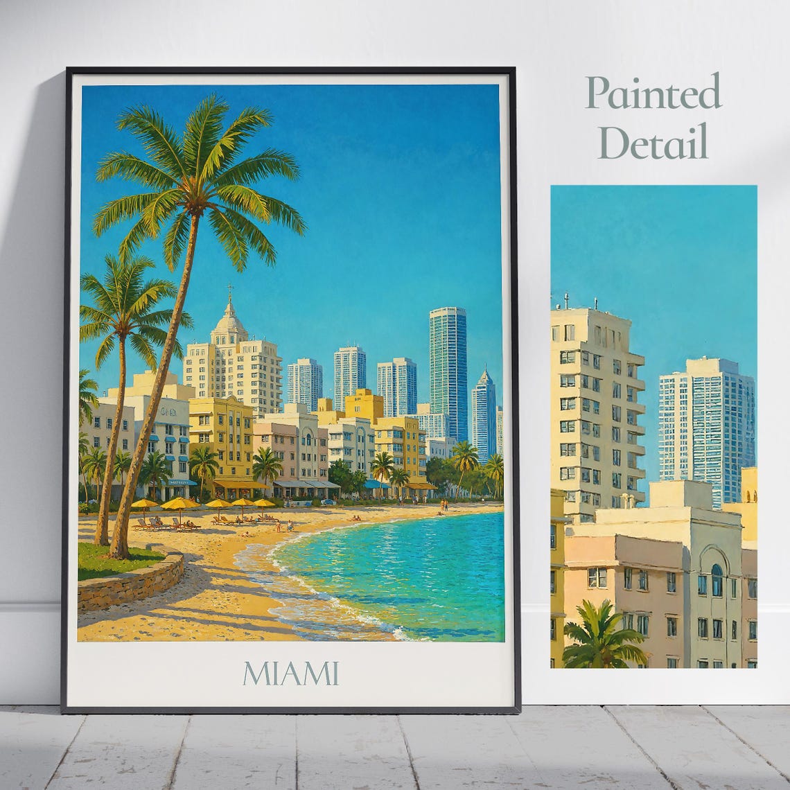 Miami Beach Art Deco Hotels Palm Trees Ocean Vintage Travel Poster