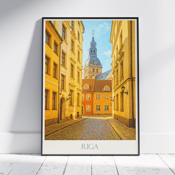Riga Latvia Old Town Cobblestone Street Tower View Travel Poster