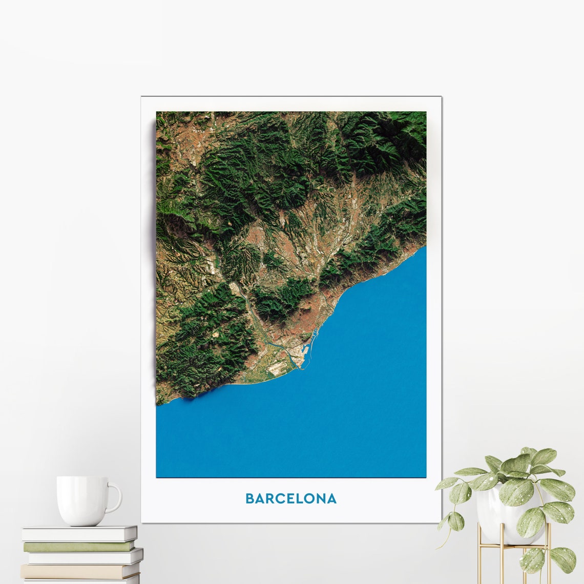 Barcelona Spain Aerial Shaded Relief City Map Poster Coastline