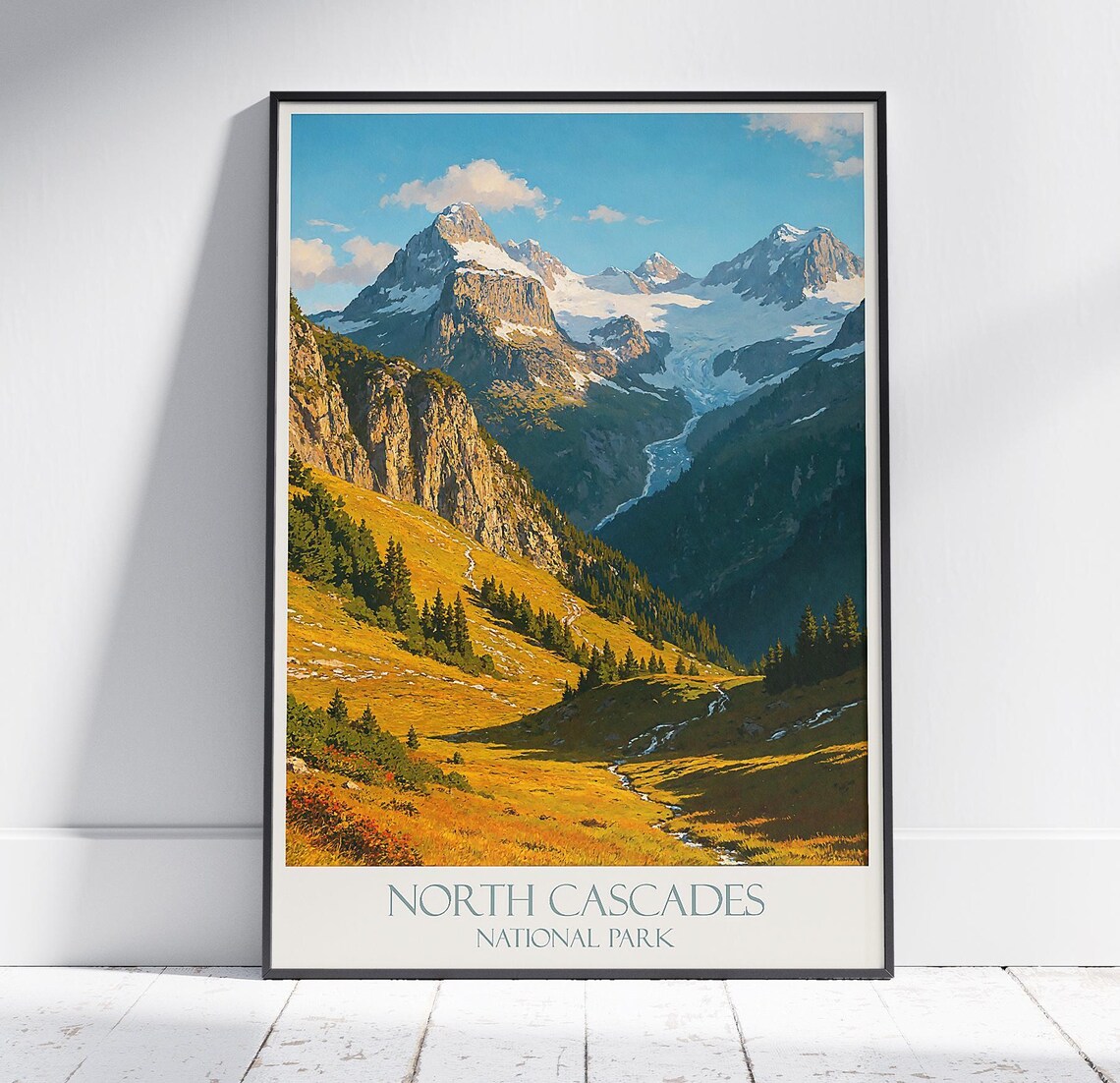 North Cascades National Park Snowy Peaks Golden Valley Travel Poster