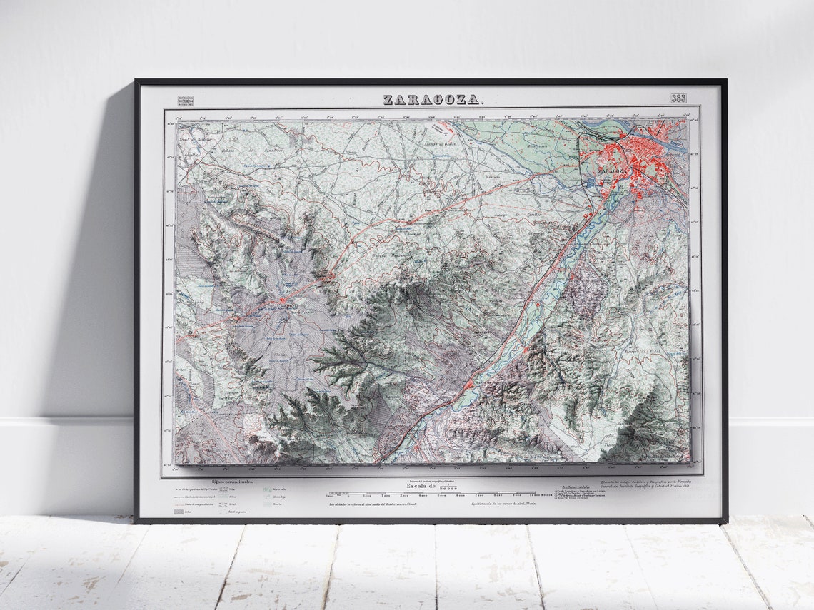 Zaragoza Spain Vintage 3D Shaded Relief Topographic Map Sheet Poster