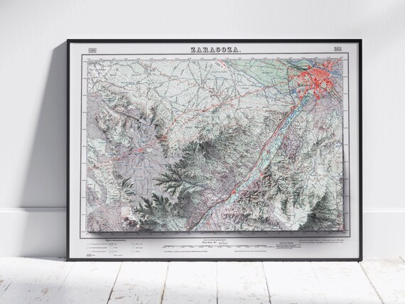 Zaragoza Spain Vintage 3D Shaded Relief Topographic Map Sheet Poster
