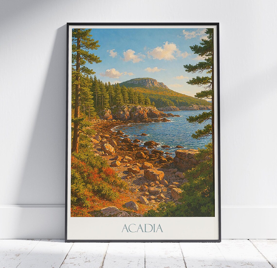 Acadia Maine Rocky Cove Pine Trees National Park Travel Poster