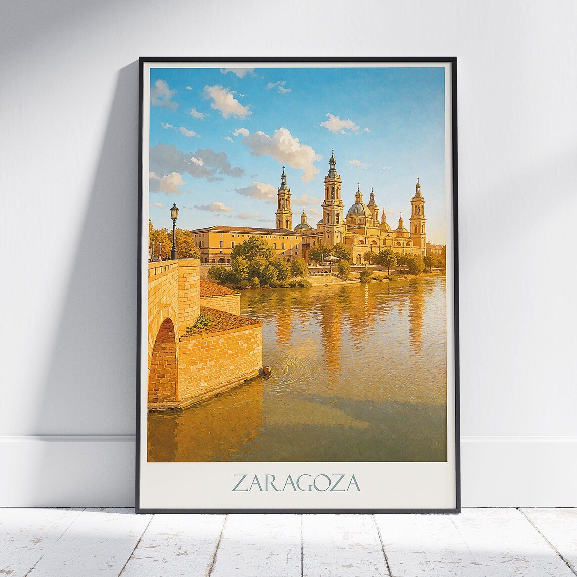 Zaragoza Spain Basilica Del Pilar Sunset River View Travel Poster