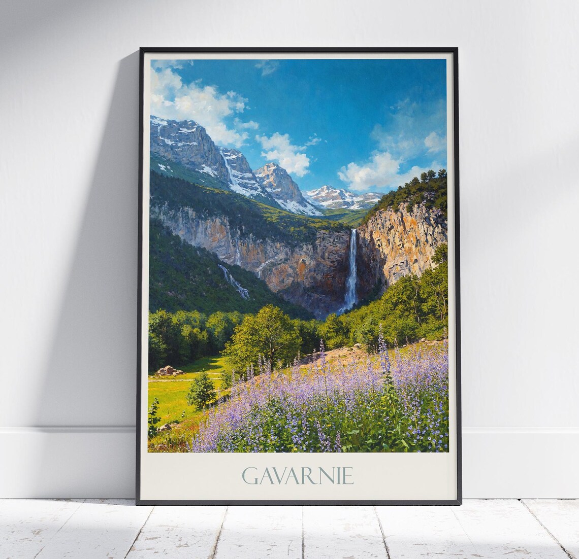 Gavarnie Waterfall Mountain Cirque Wildflowers France Travel Poster