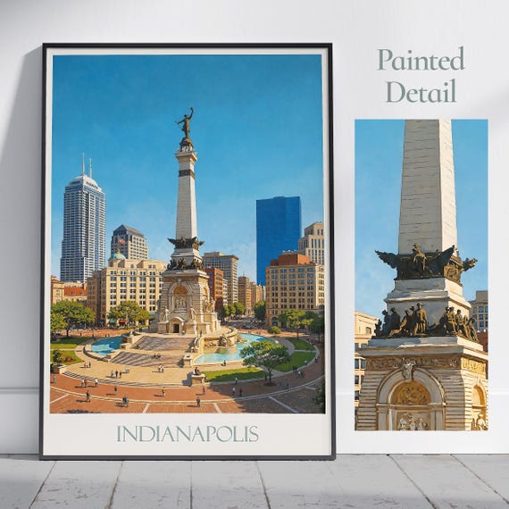 Indianapolis Travel Poster Indiana Monument Circle Wall Art Print Vintage Style Cityscape Home Decor Framed Personalized Gift