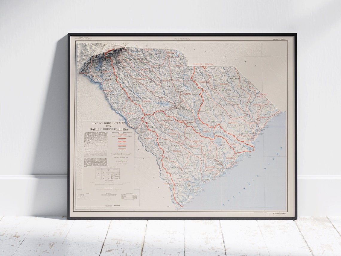 South Carolina 1975 Vintage Hydrologic Relief Map Wall Poster