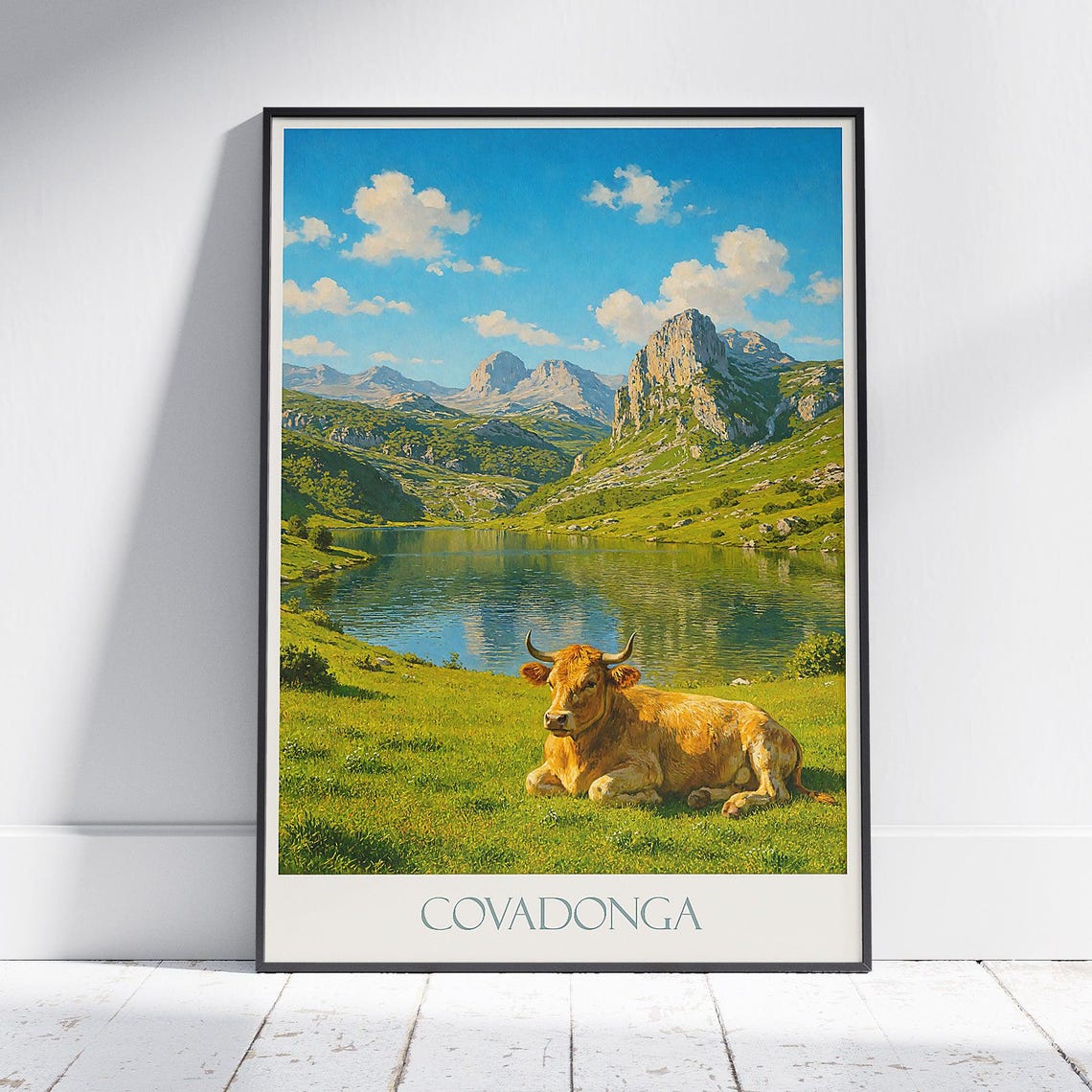 Covadonga Spain Mountain Lake Resting Cow Pasture Travel Poster