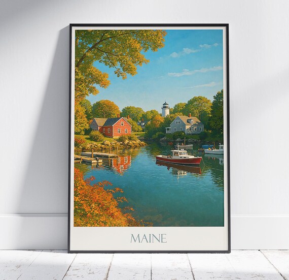 Maine Autumn Harbor Lighthouse Fall Foliage Village Travel Poster
