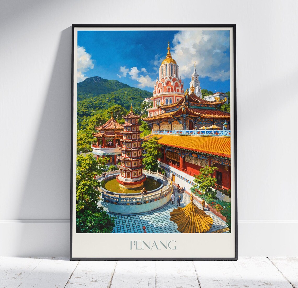 Penang Golden Dome Temple Pagoda Tropical Heritage Travel Poster