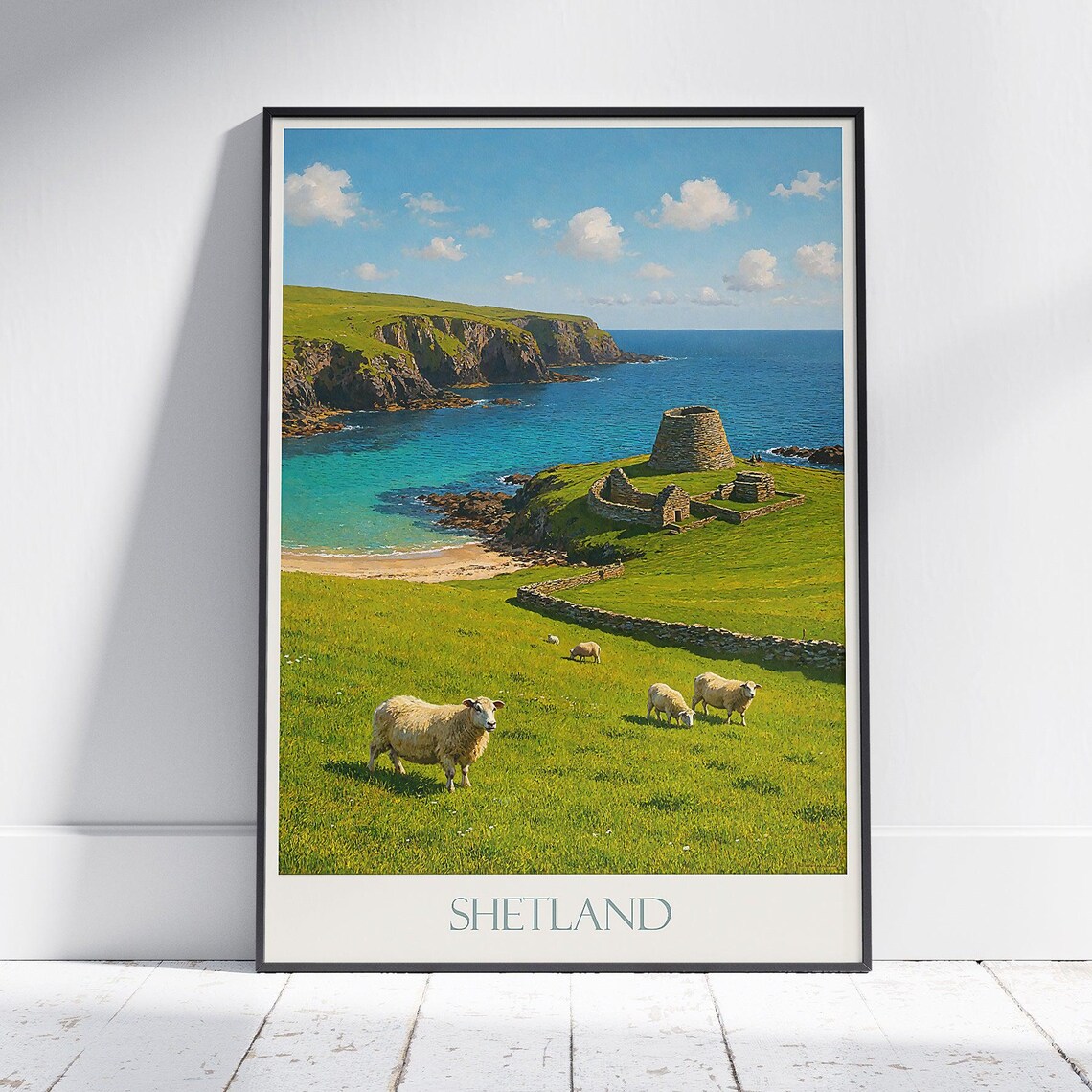 Shetland Islands Ancient Broch Sheep Coast Scenic Travel Poster