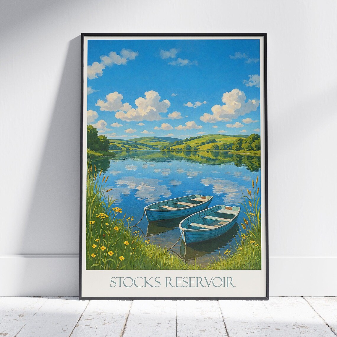 Stocks Reservoir Rowboats Calm Lakeside Countryside Nature Poster