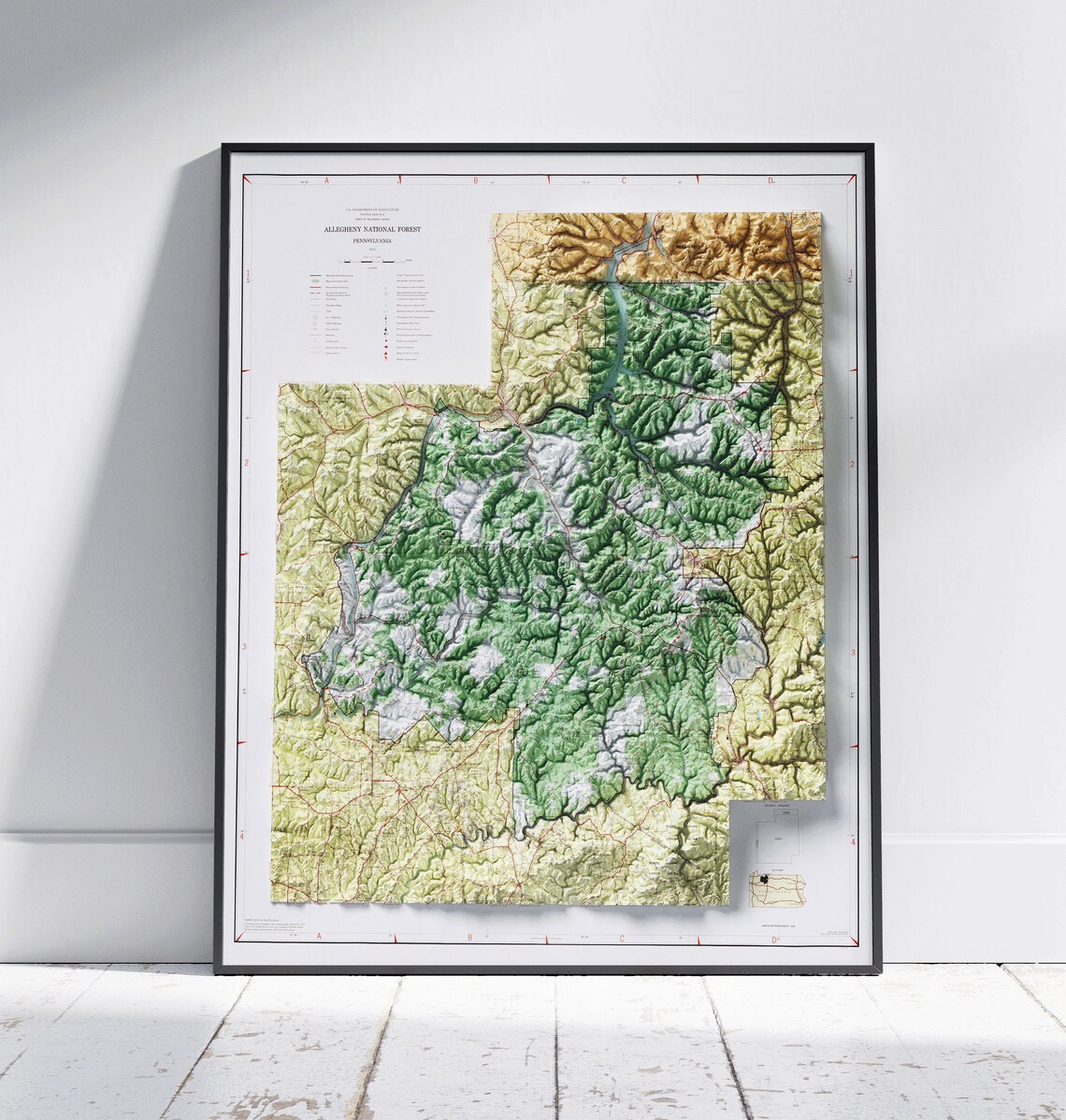 Allegheny National Forest Pennsylvania 3D Shaded Relief Topographic Map Poster