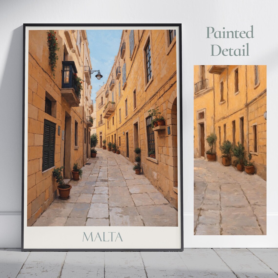Malta Old Town Golden Stone Alley Blue Shutters Travel Poster