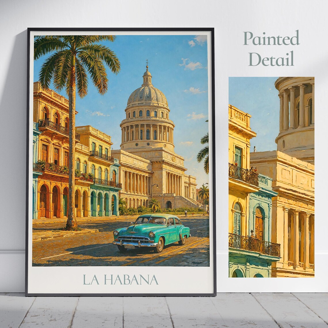 La Habana Capitol Building Classic Turquoise Car Vintage Travel Poster