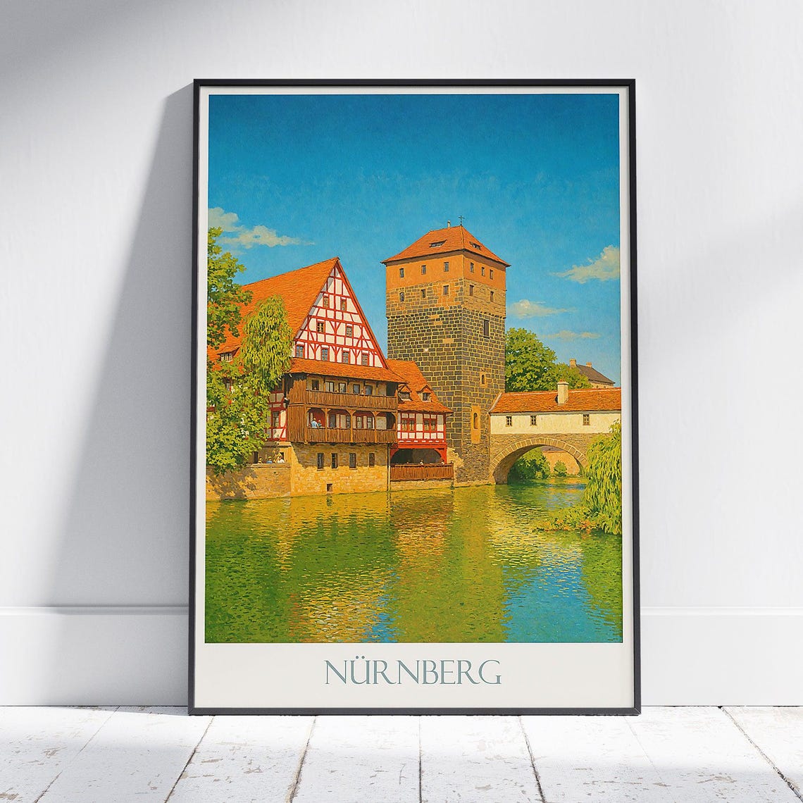 Nuremberg Germany Travel Poster Half Timbered Houses River Tower