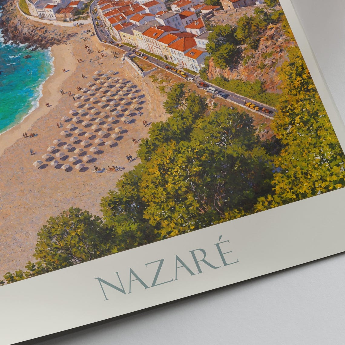 Nazare Portugal Beach Umbrellas Seaside Town Painted Travel Poster - Image 4