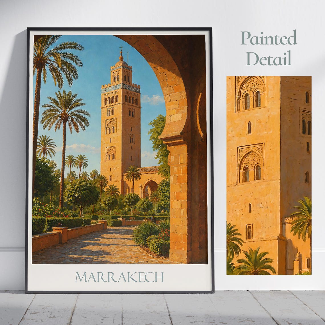 Marrakech Mosque Minaret Palm Courtyard Painted Travel Style Poster