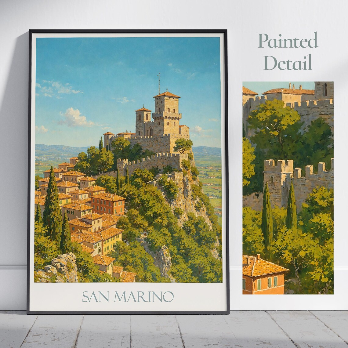 San Marino Guaita Tower Medieval Fortress Painted Travel Poster
